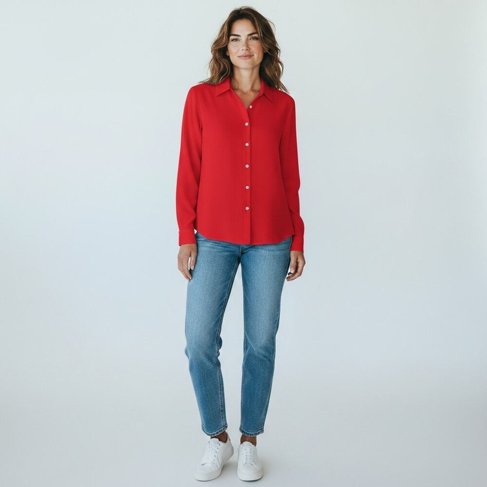Vintage Notations Red Button Up Blouse 8 Petite Poly Career Chic Minimalist Top
